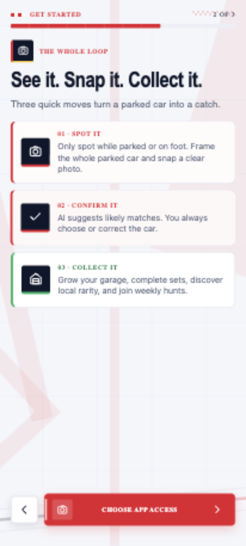 Carlogue screen showing the spot, confirm, and collect workflow